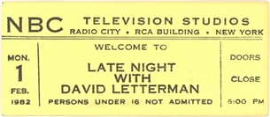 1982 "Late Night With David Letterman" Inaugural/First-Ever Show Ticket